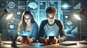 DALL·E 2024-12-17 19.31.26 - A realistic photograph of a teenage boy and girl sitting in a dimly lit room, both focused on their smartphones. The room is filled with soft blue lig (1)